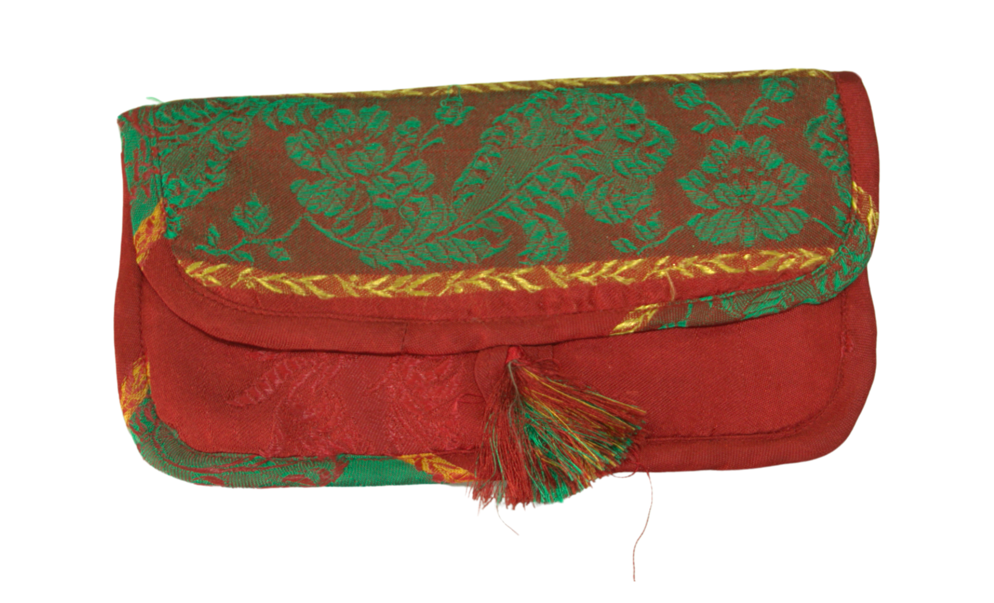 Pochette artisanale en tissu brocart rouge et vert