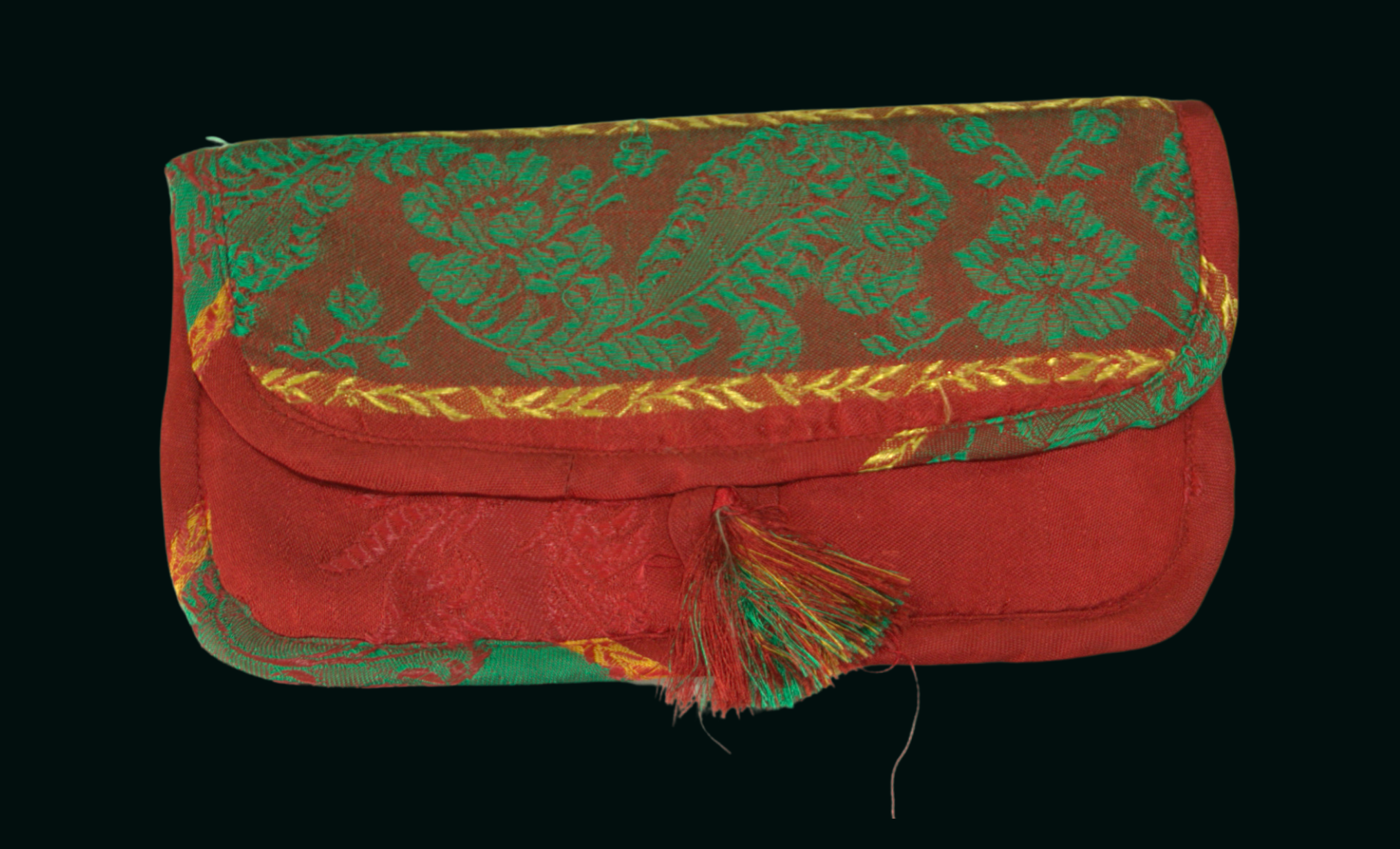 Pochette artisanale en tissu brocart rouge et vert