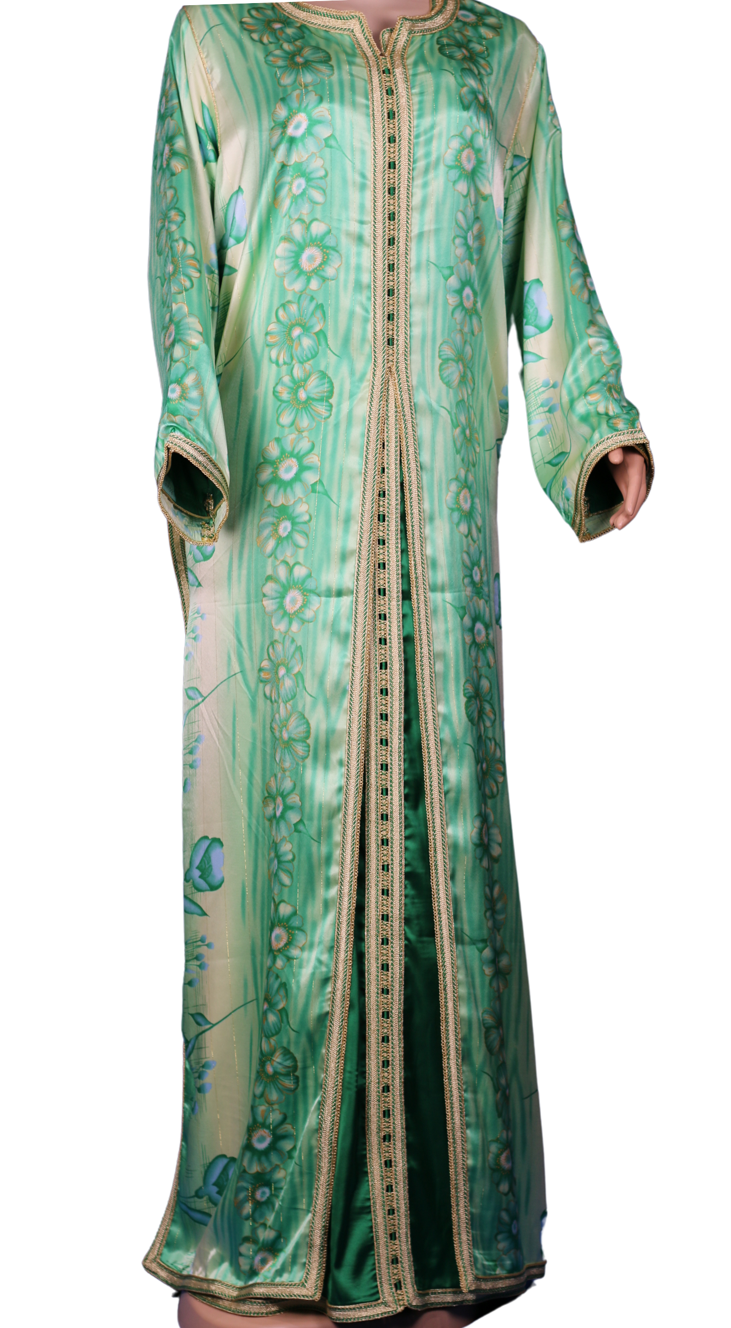 Caftan vert pastel à imprimé floral et sfifa dorée