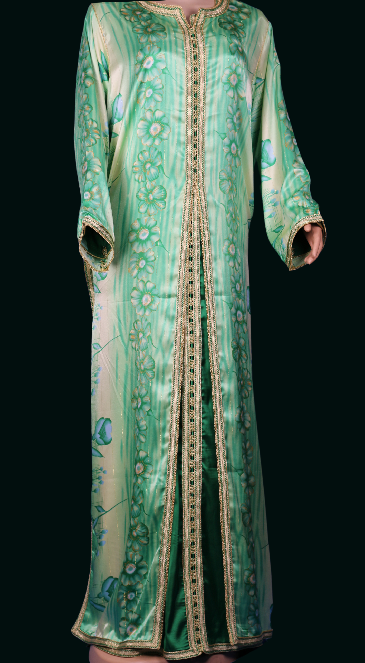 Caftan vert pastel à imprimé floral et sfifa dorée