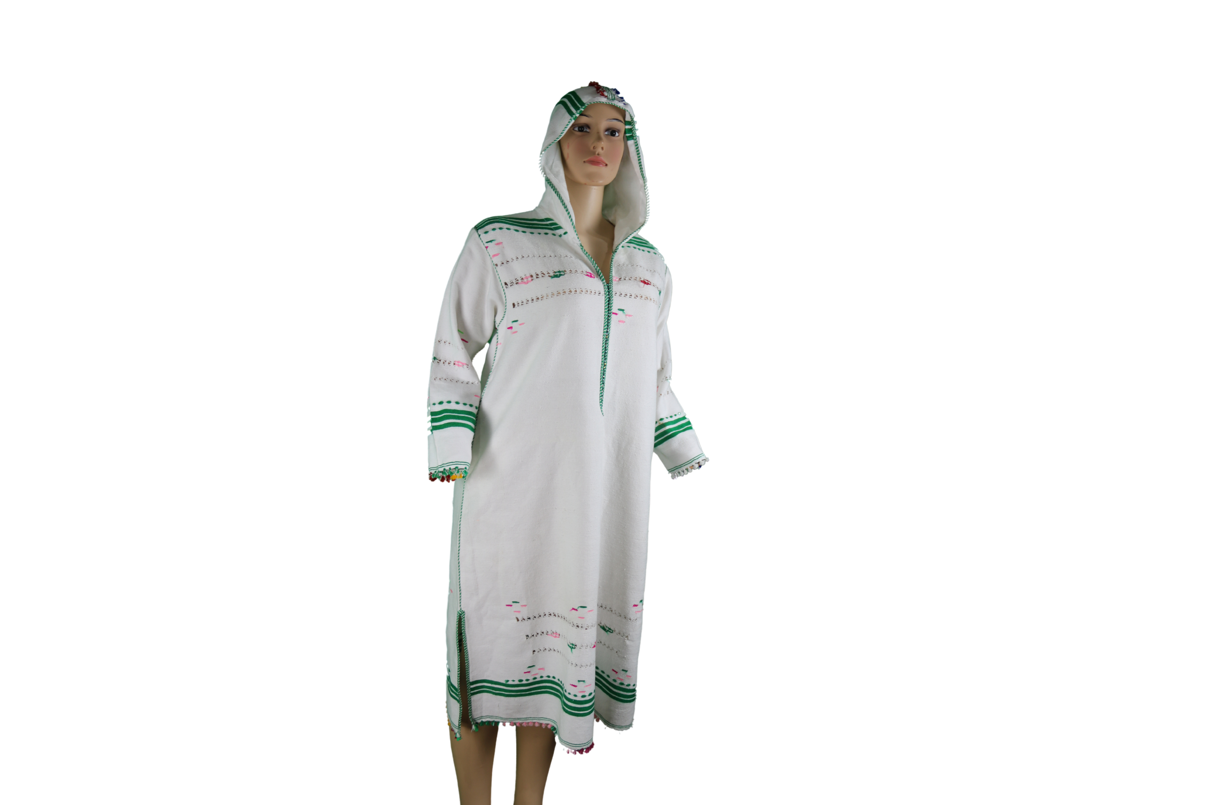 Gandoura blanche à capuche avec broderies vertes