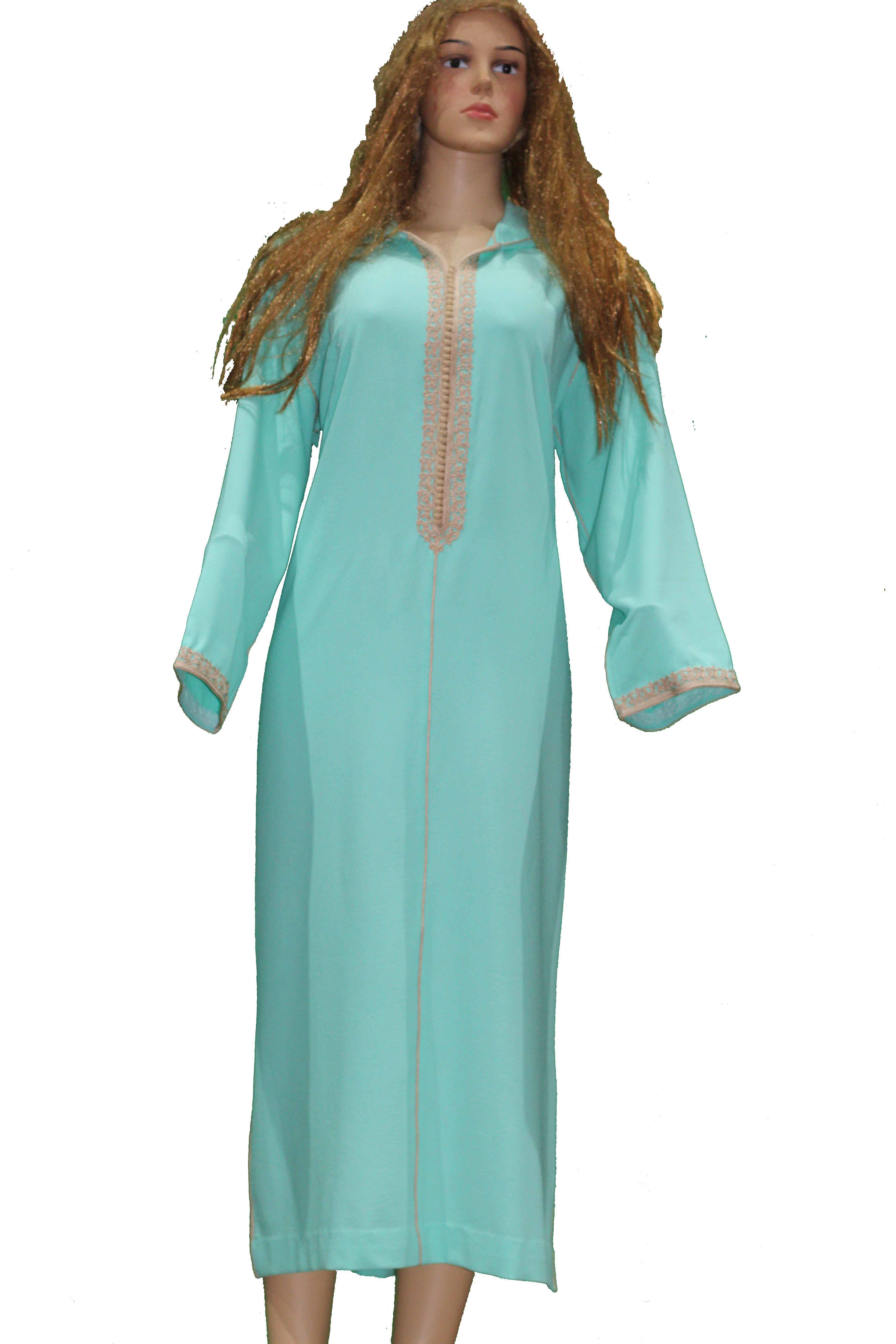 Djellaba turquoise avec broderie rose pâle