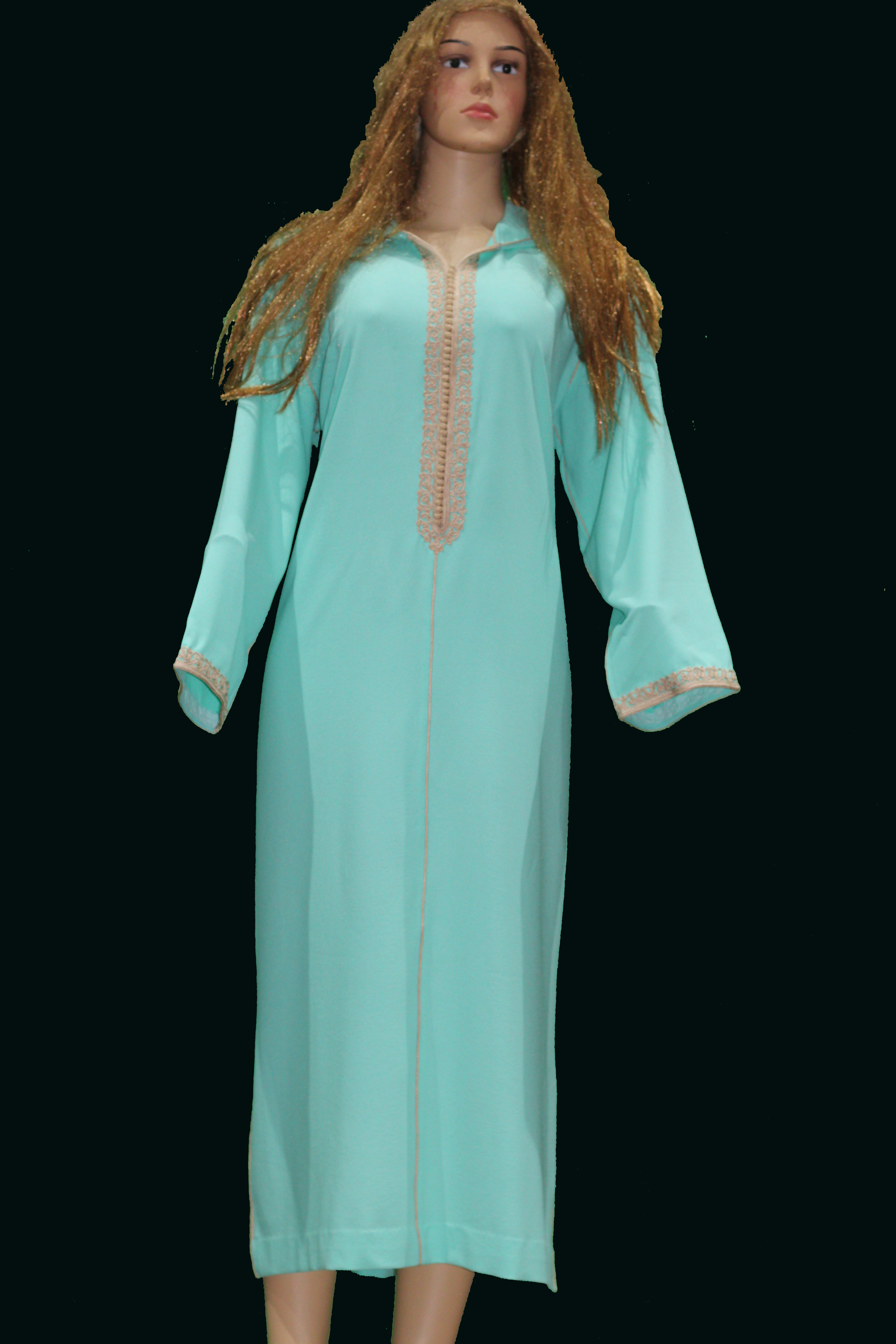 Djellaba turquoise avec broderie rose pâle