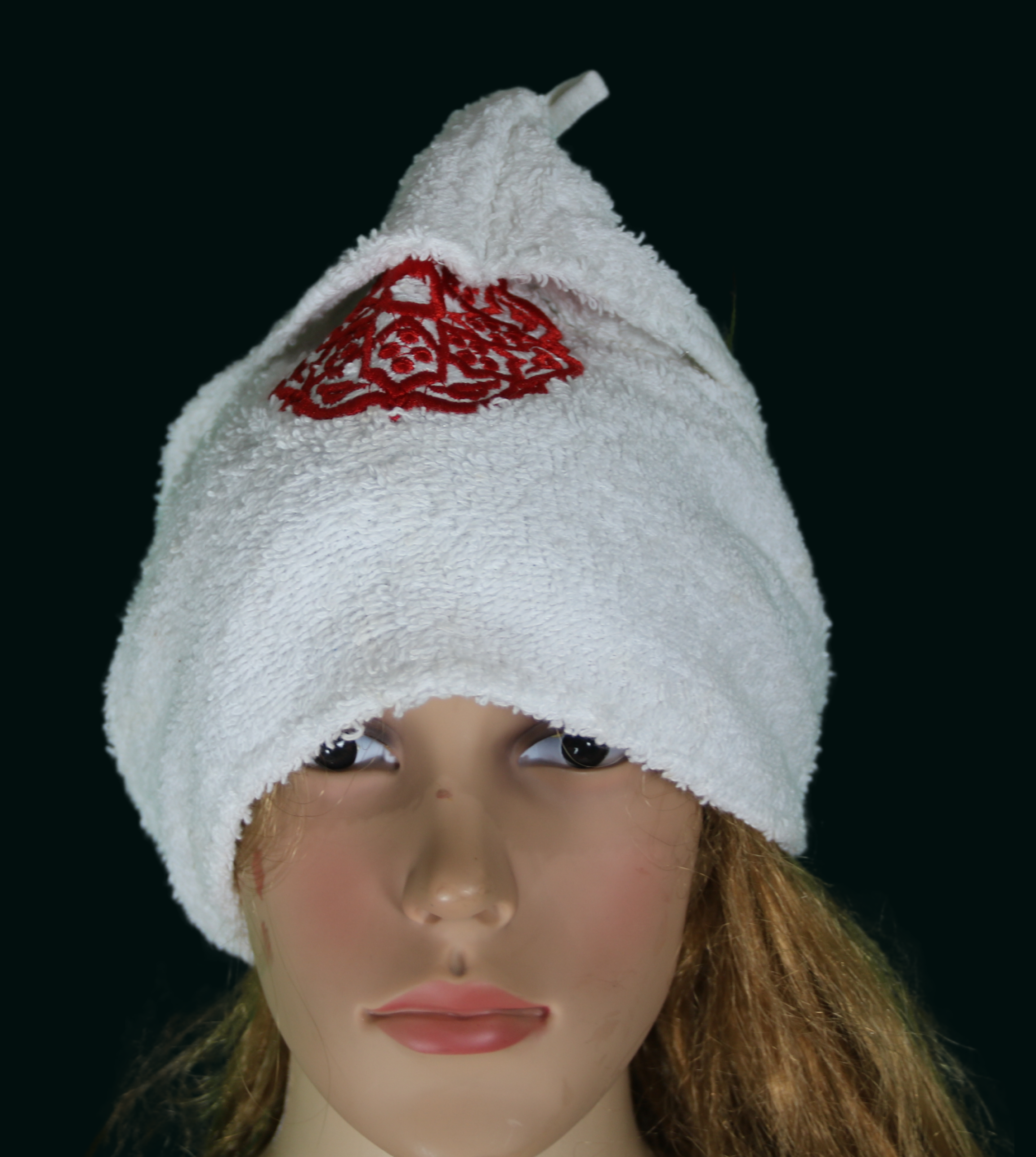 Turban hammam brodé – blanc & rouge