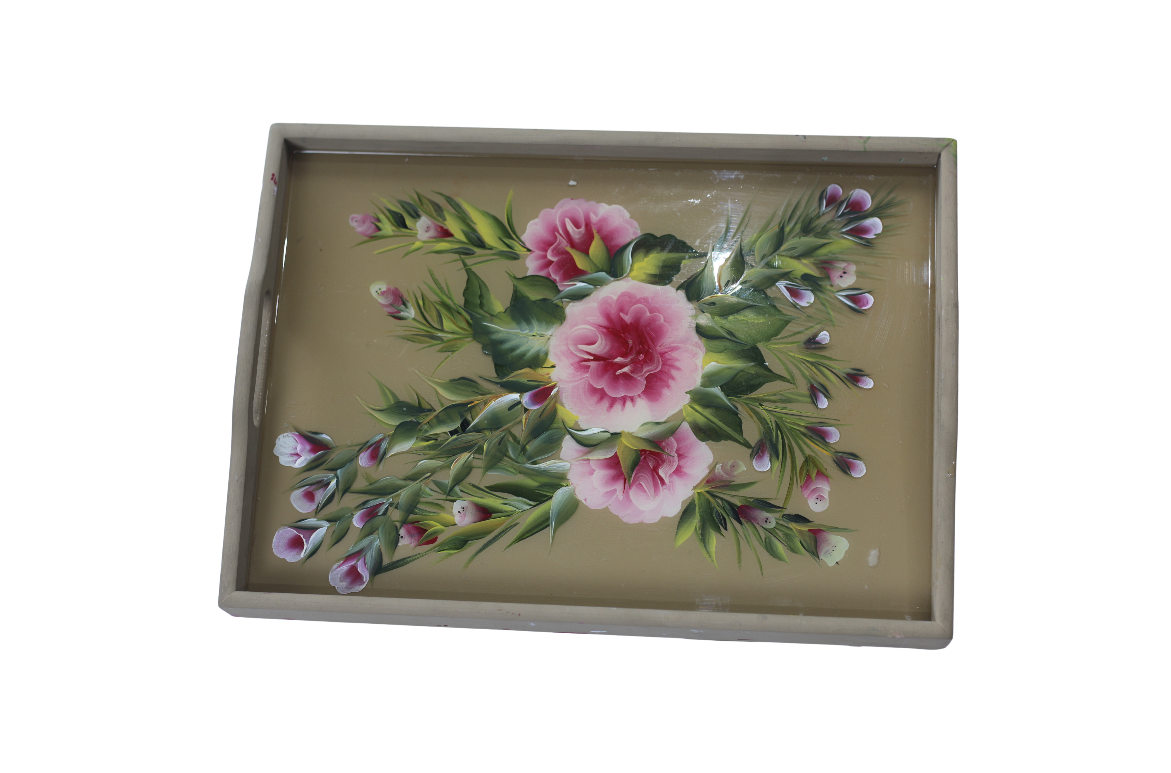 Plateau en bois – Motif floral rose
