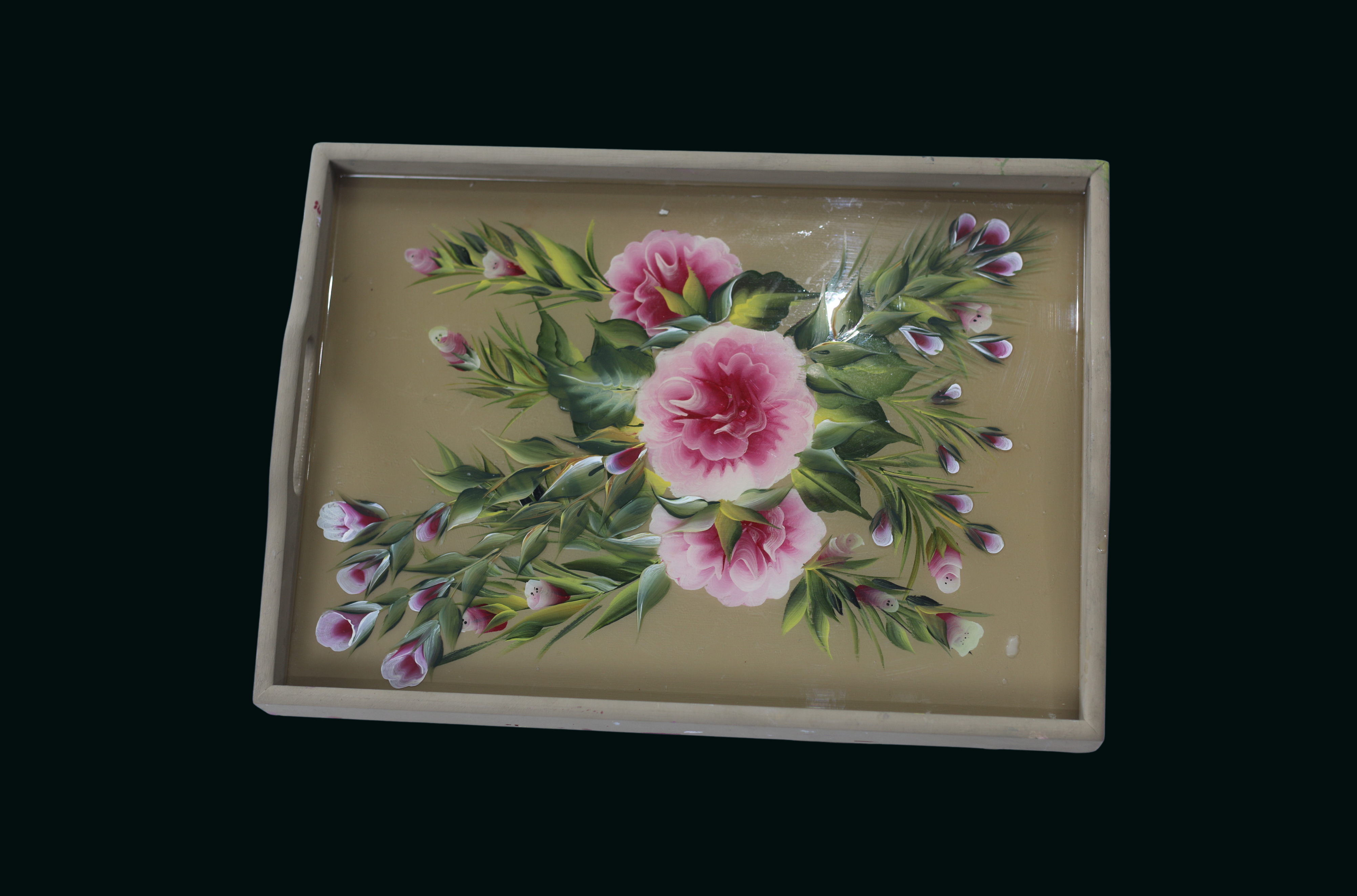 Plateau en bois – Motif floral rose