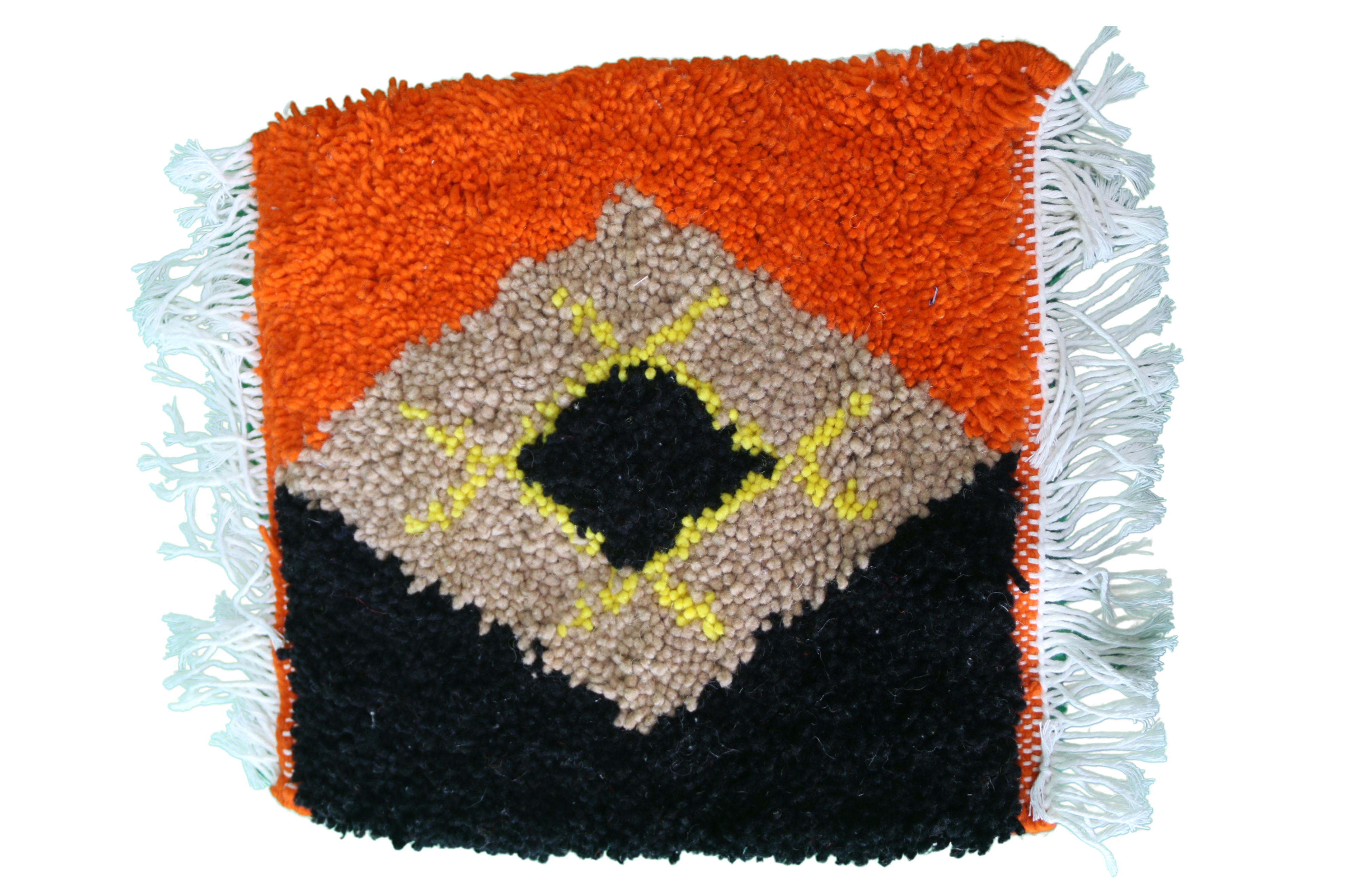 Mini tapis berbère orange, noir et beige à losange central