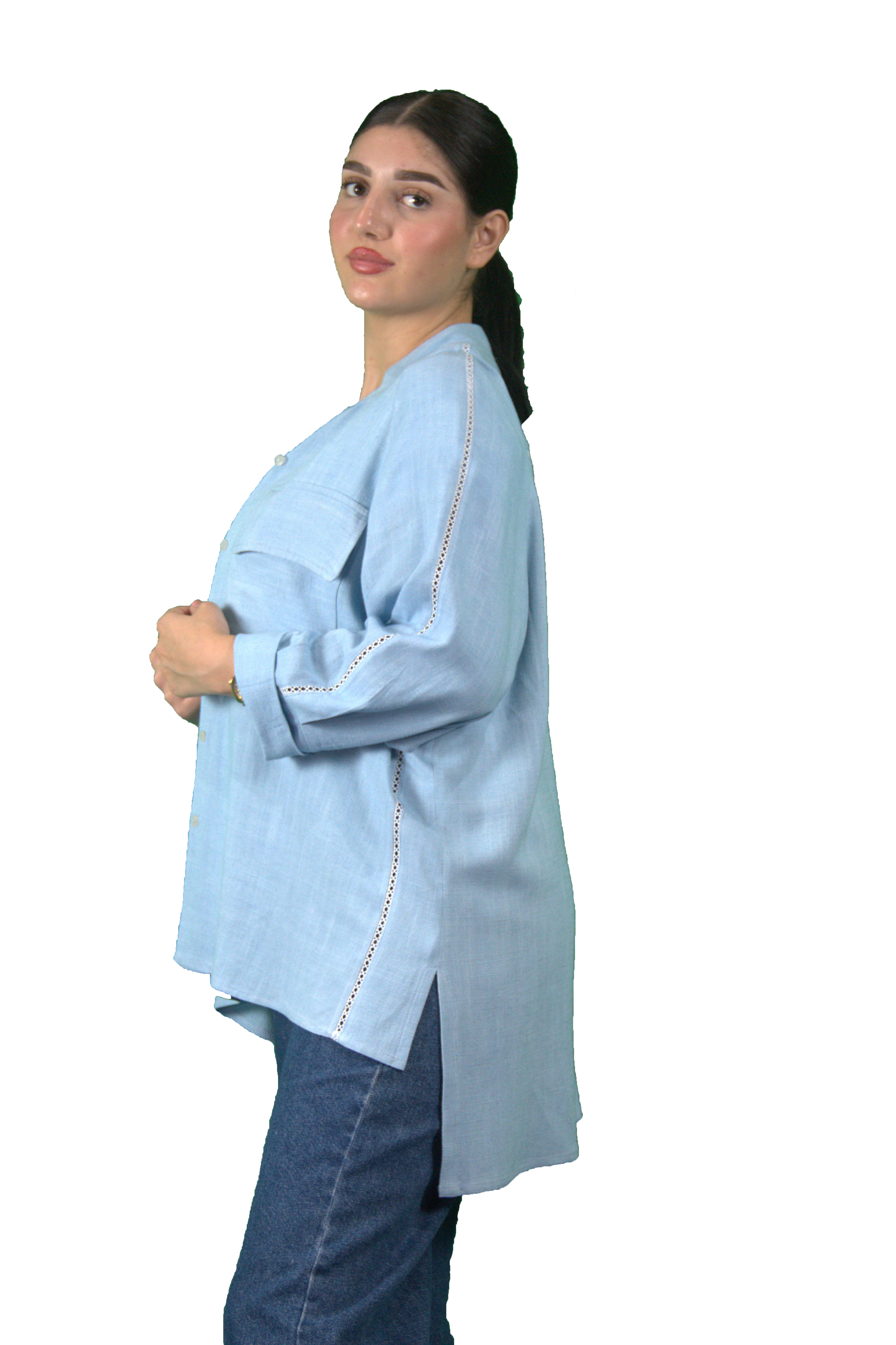 Chemise légère bleu ciel à col mao