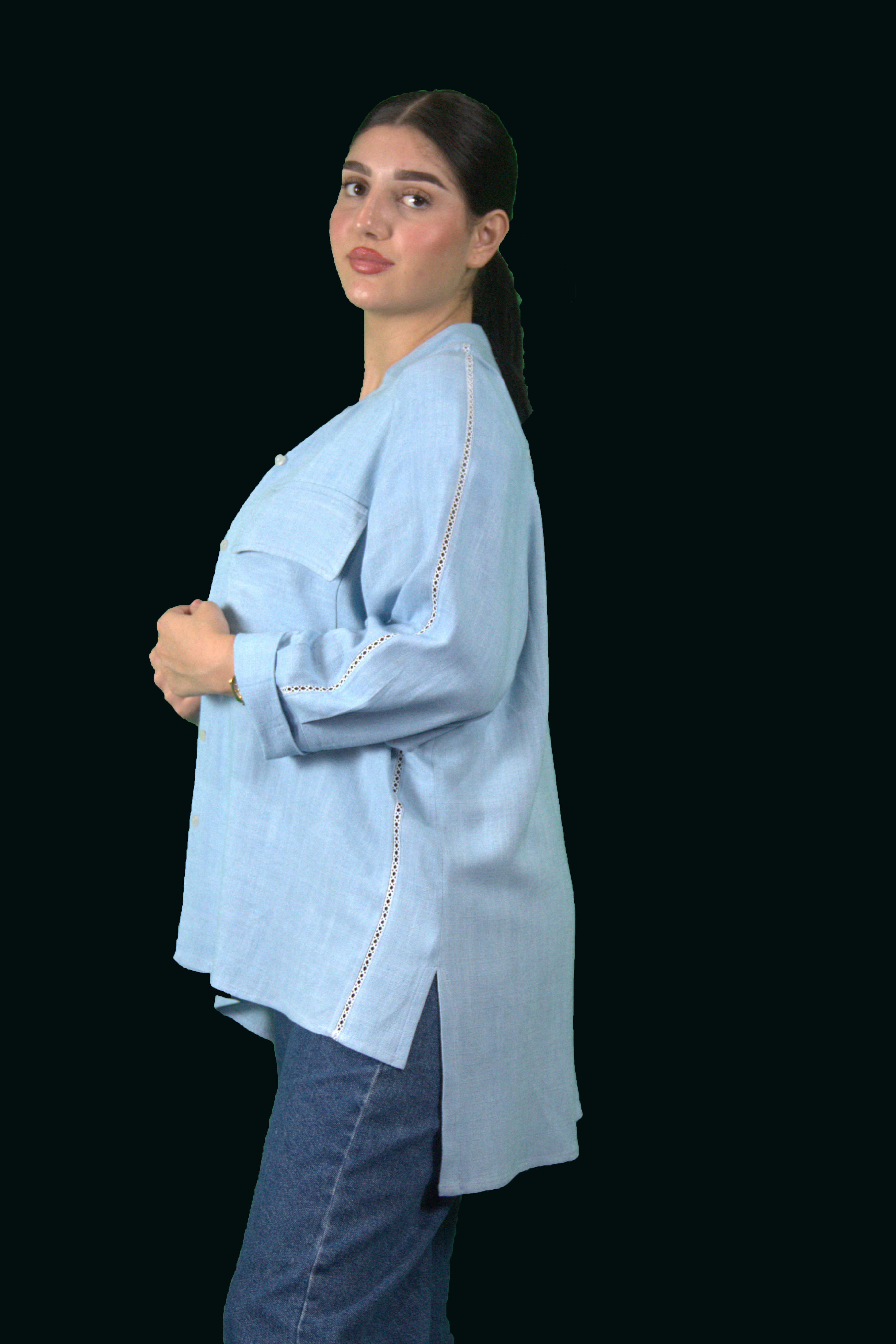 Chemise légère bleu ciel à col mao