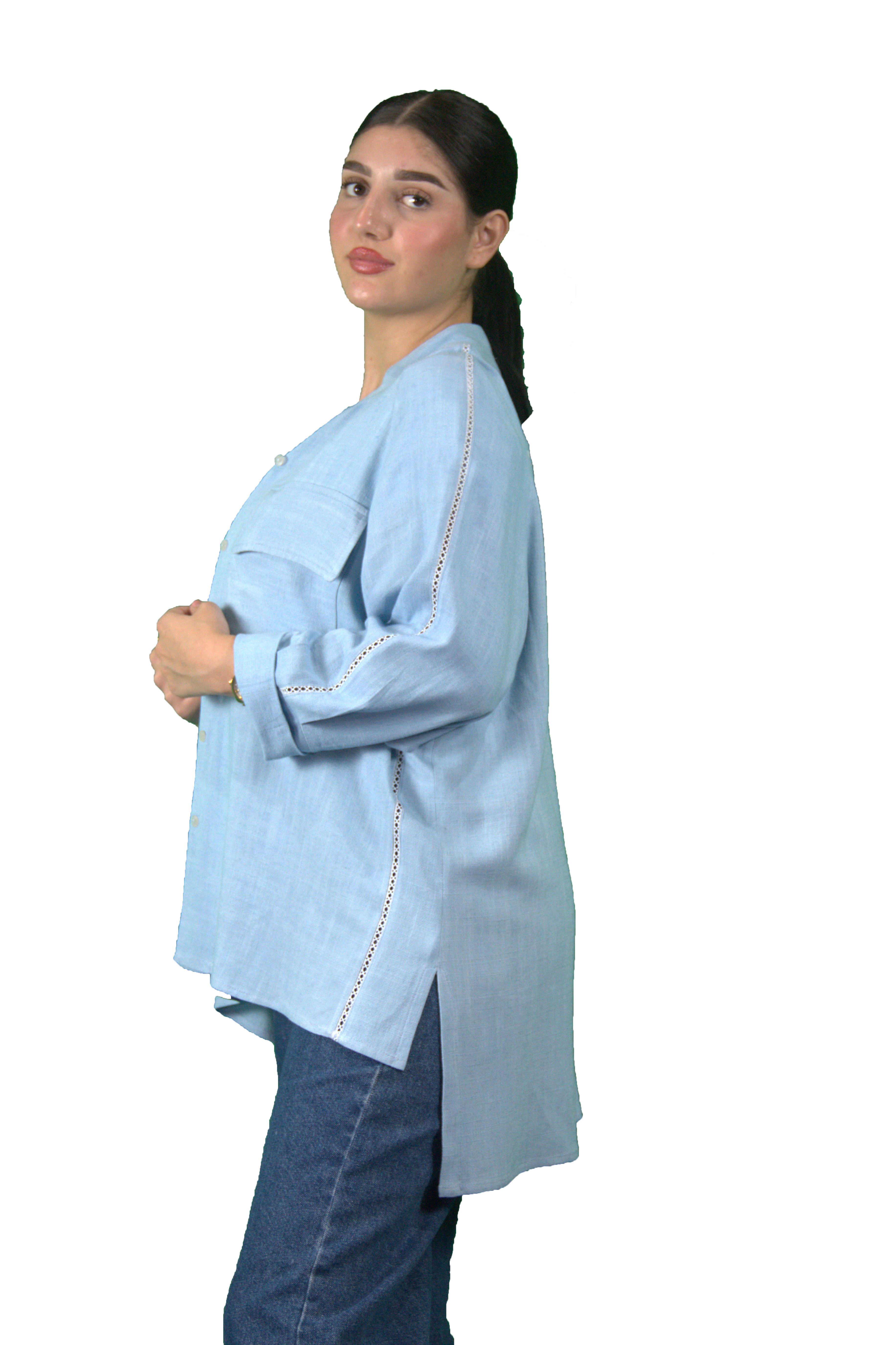 Chemise légère bleu ciel à col mao