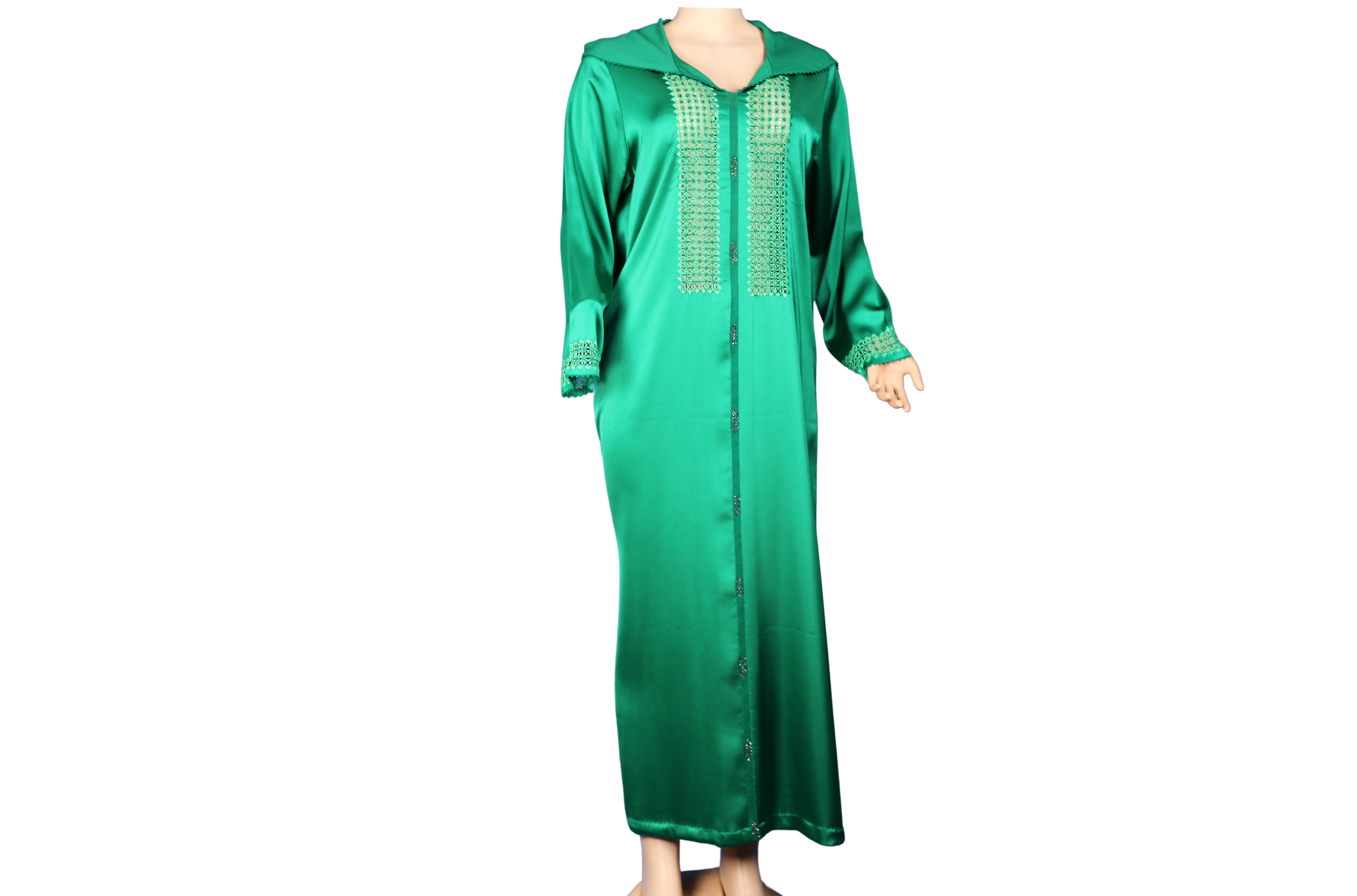 Djellaba satinée verte à broderies scintillantes