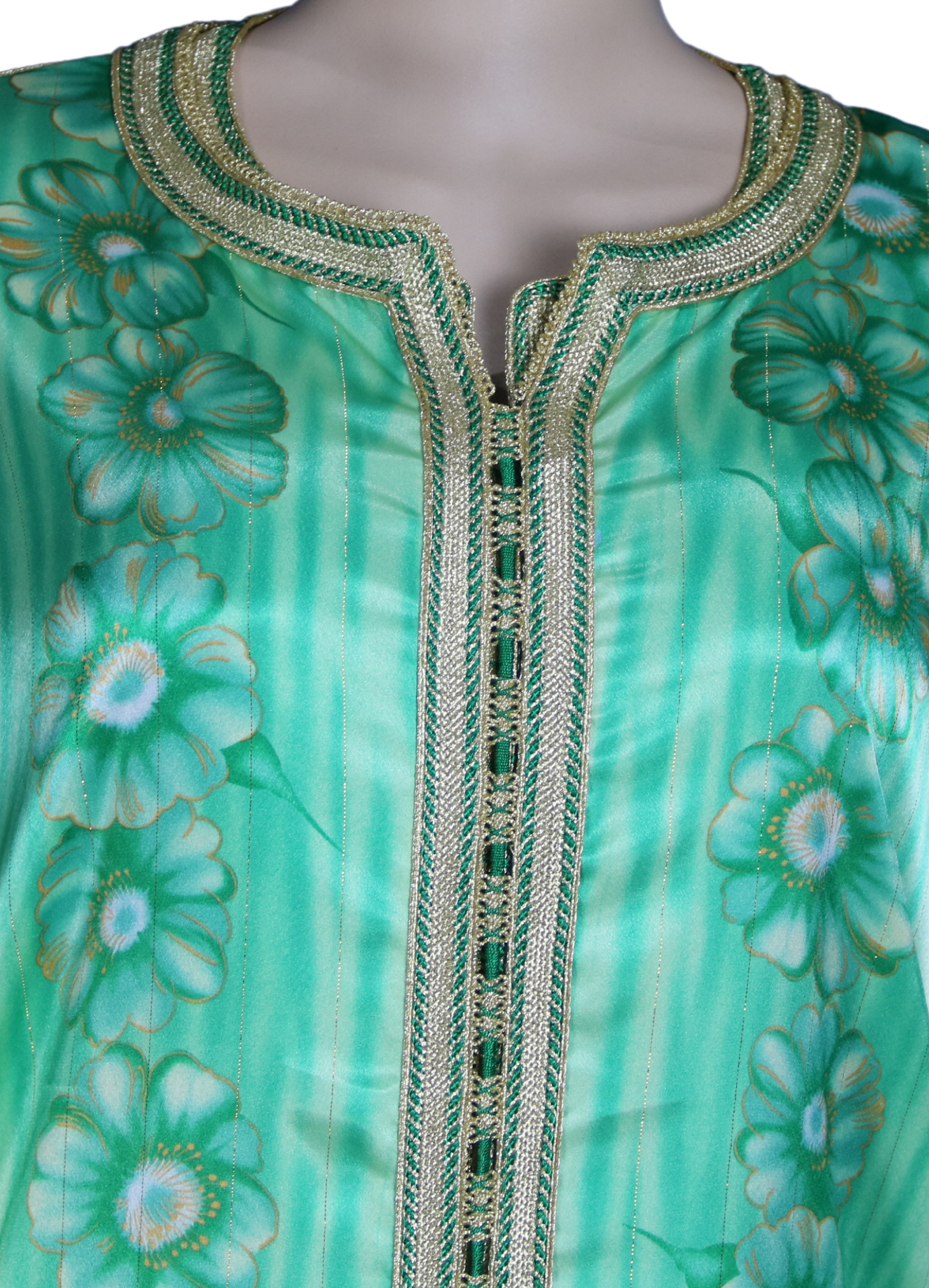 Caftan vert pastel à imprimé floral et sfifa dorée