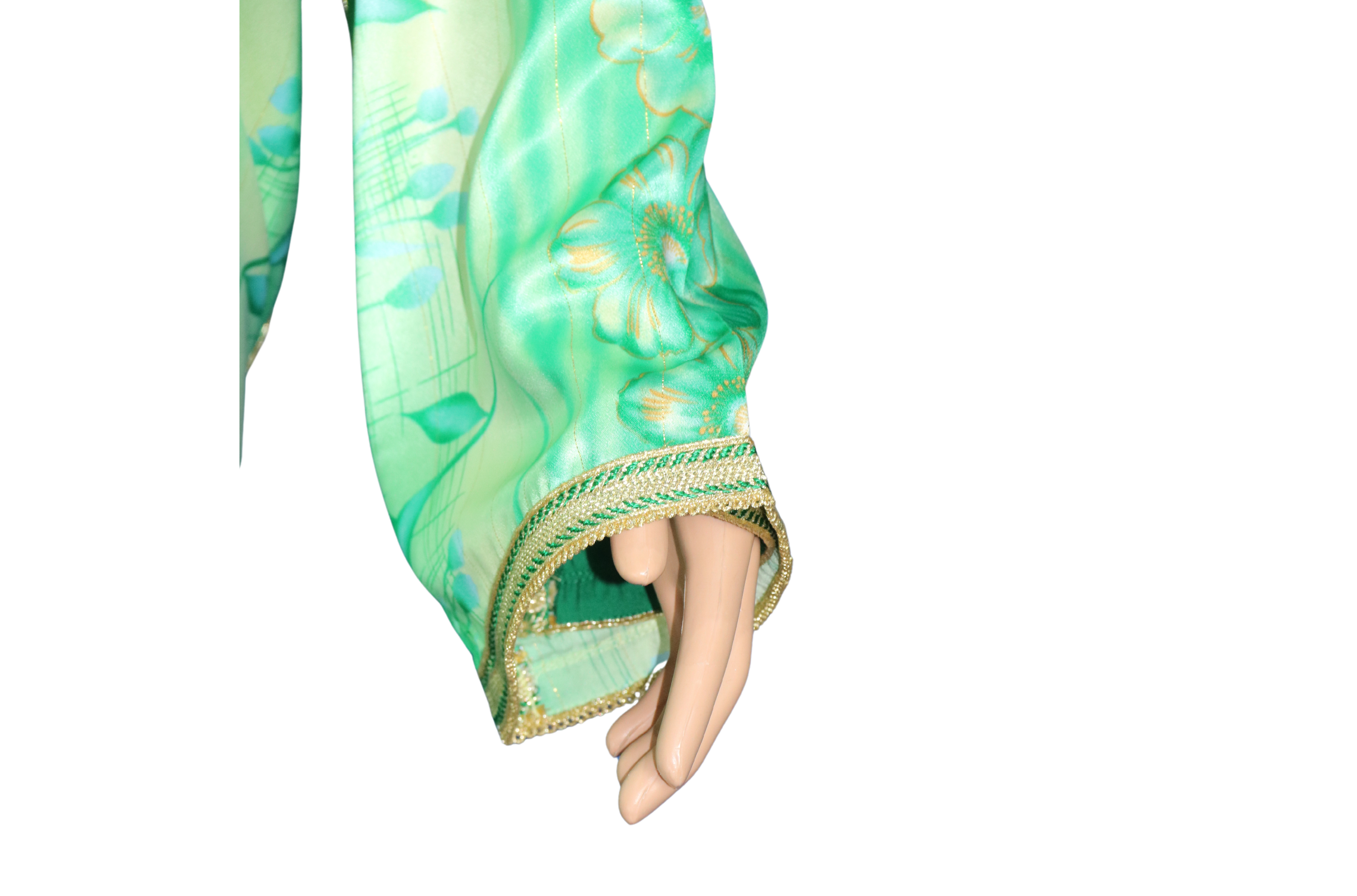 Caftan vert pastel à imprimé floral et sfifa dorée