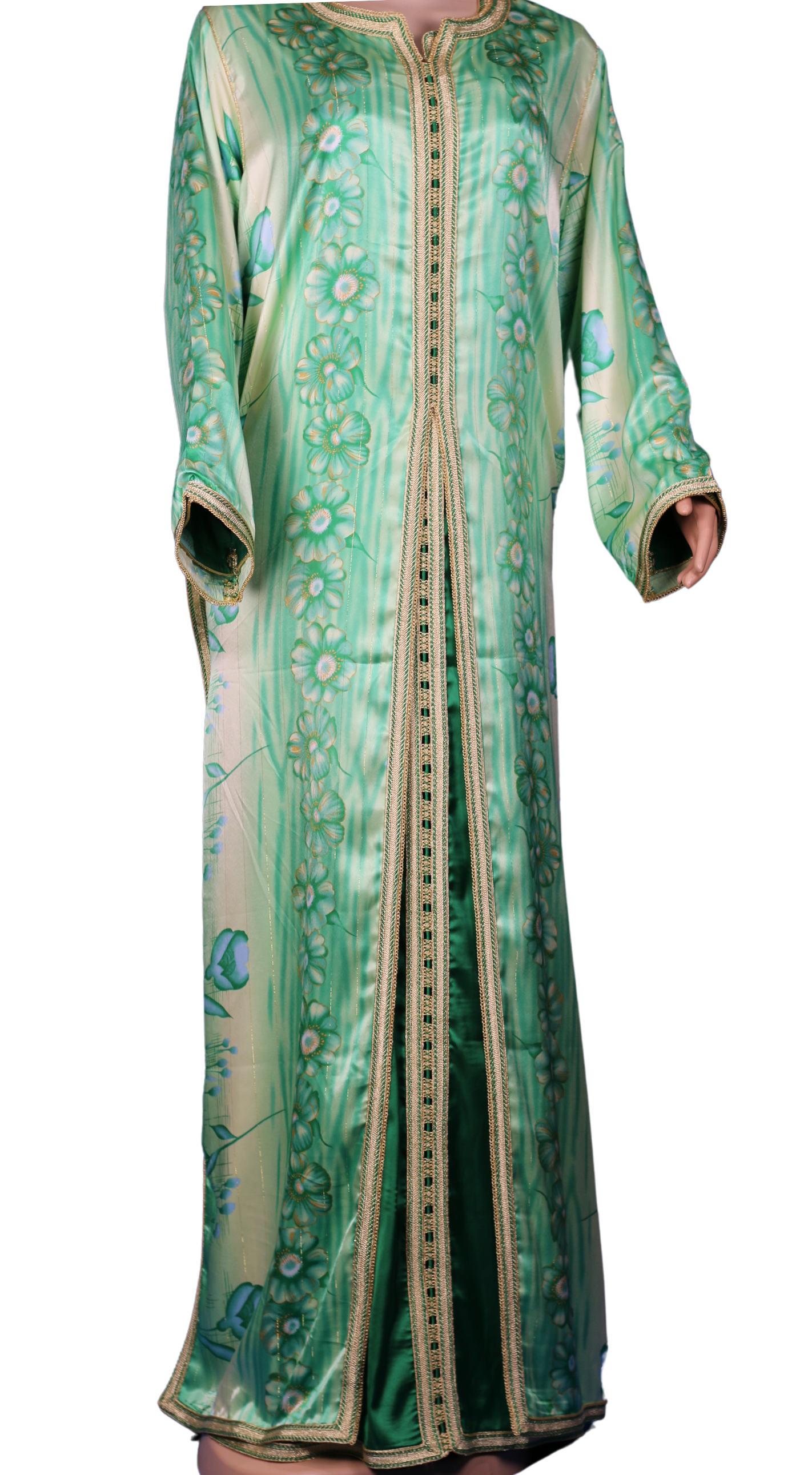 Caftan vert pastel à imprimé floral et sfifa dorée