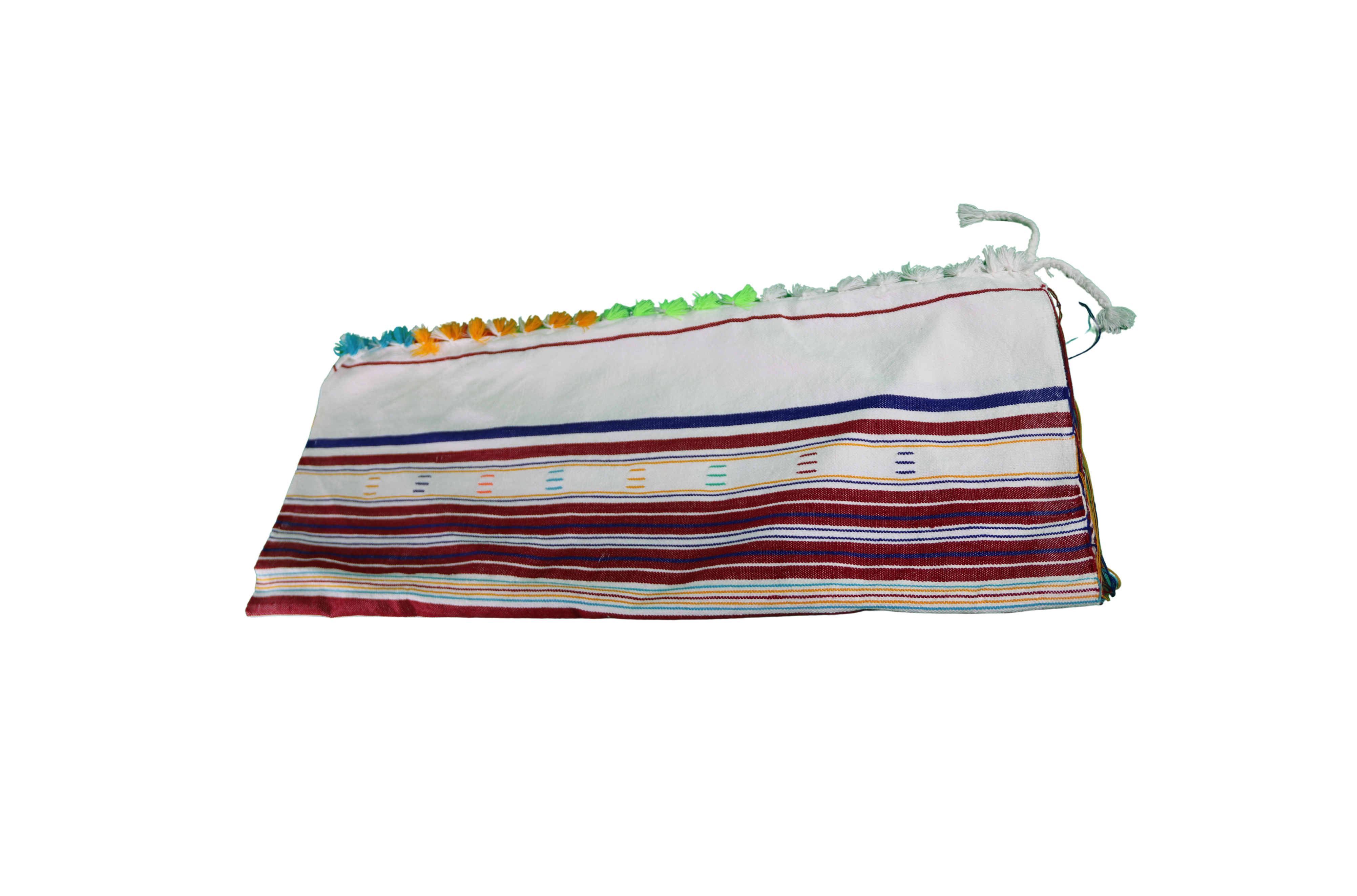 Housse de coussin rayée à pompons multicolores
