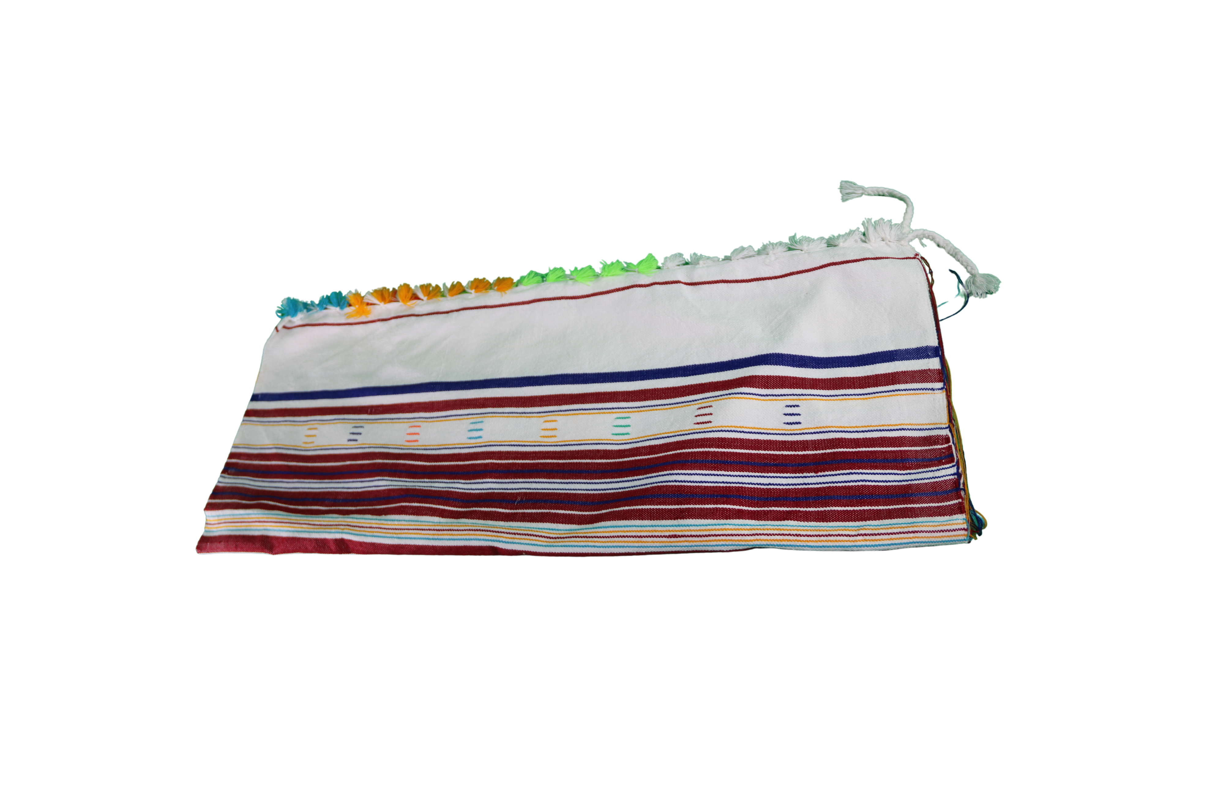 Housse de coussin rayée à pompons multicolores