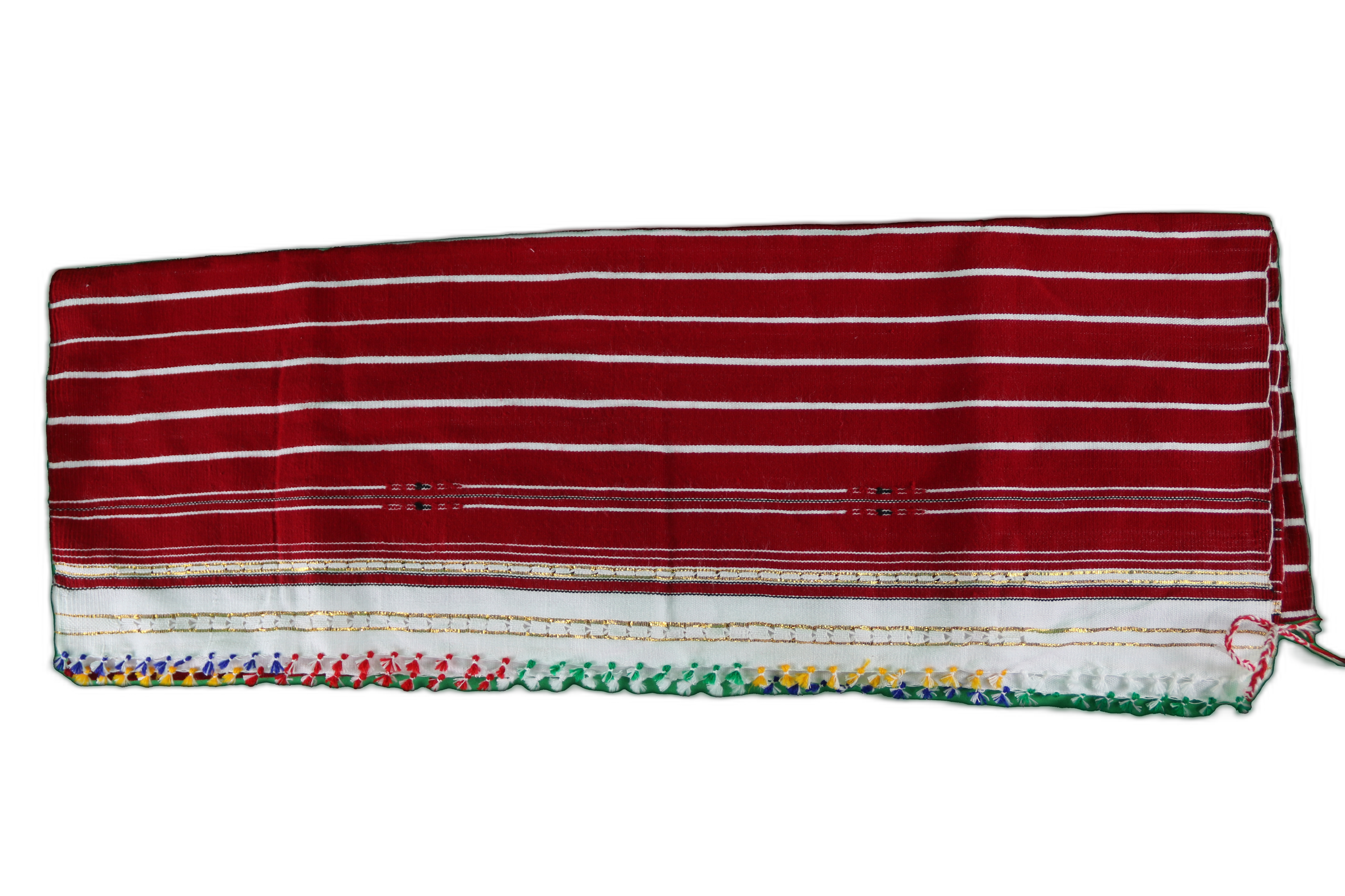 Mendil Rouge Traditionnel à Rayures Blanches et Broderie Multicolore