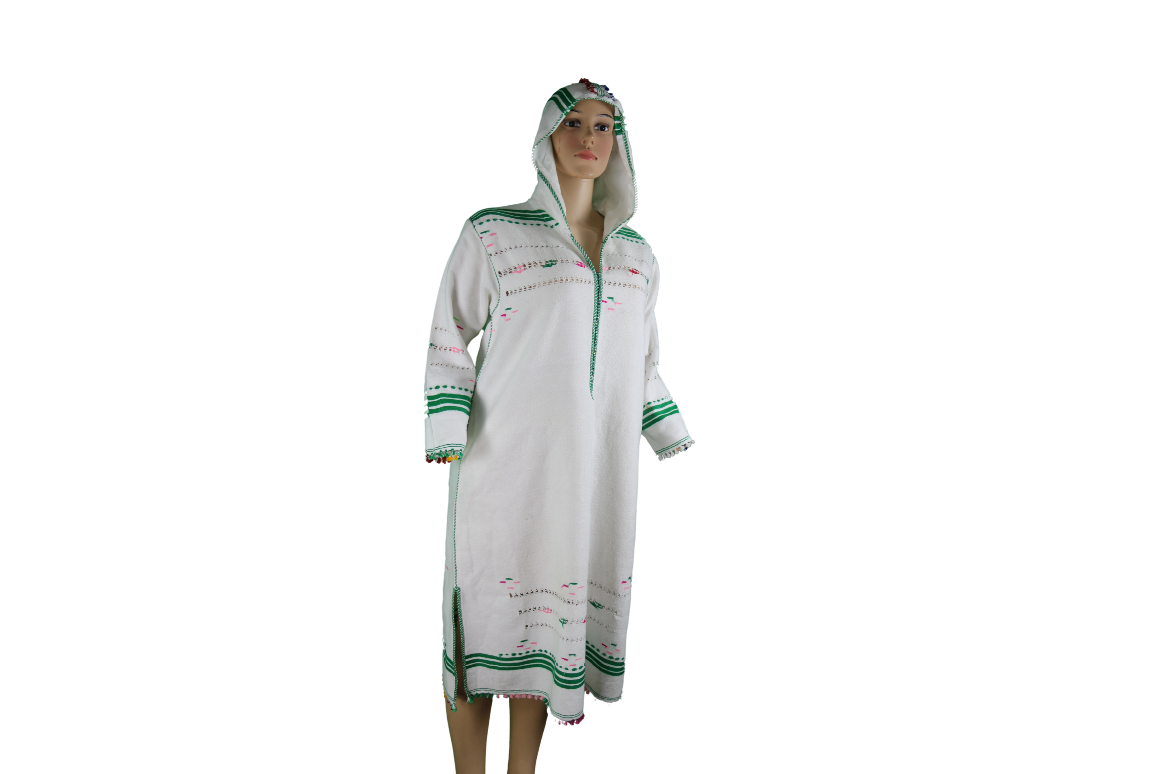 Gandoura blanche à capuche avec broderies vertes