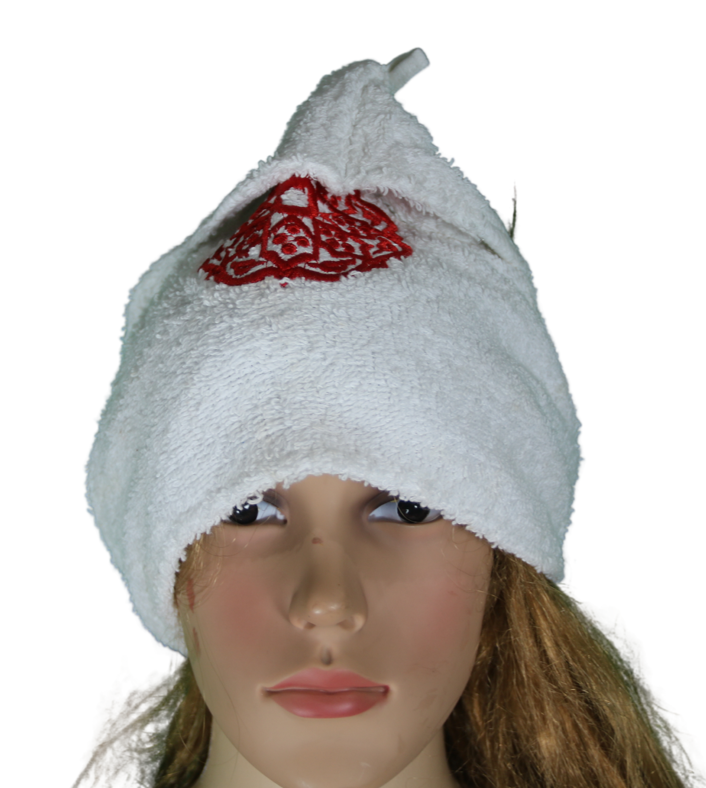 Turban hammam brodé – blanc & rouge