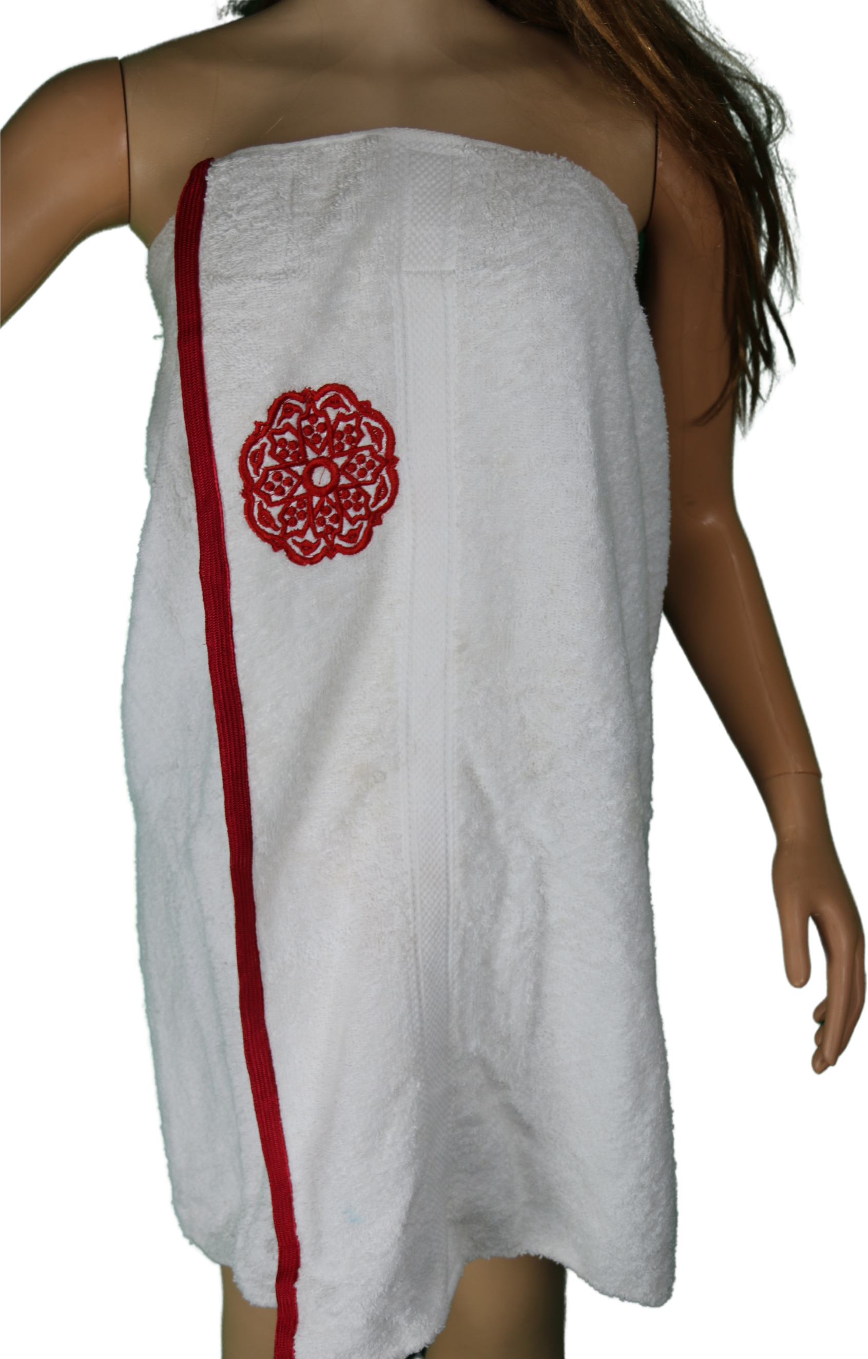 Paréo de hammam brodé – blanc & rouge
