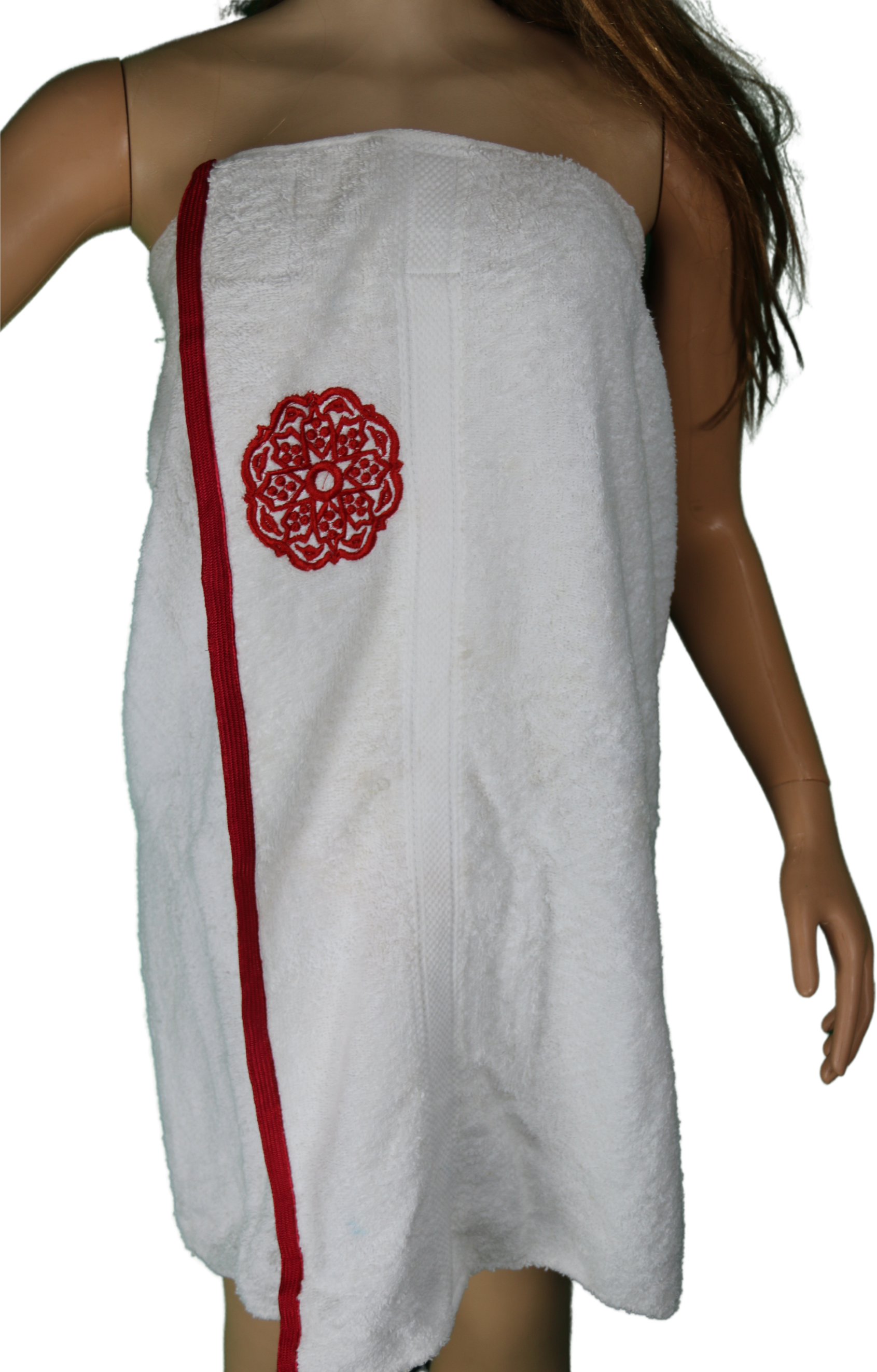 Paréo de hammam brodé – blanc & rouge