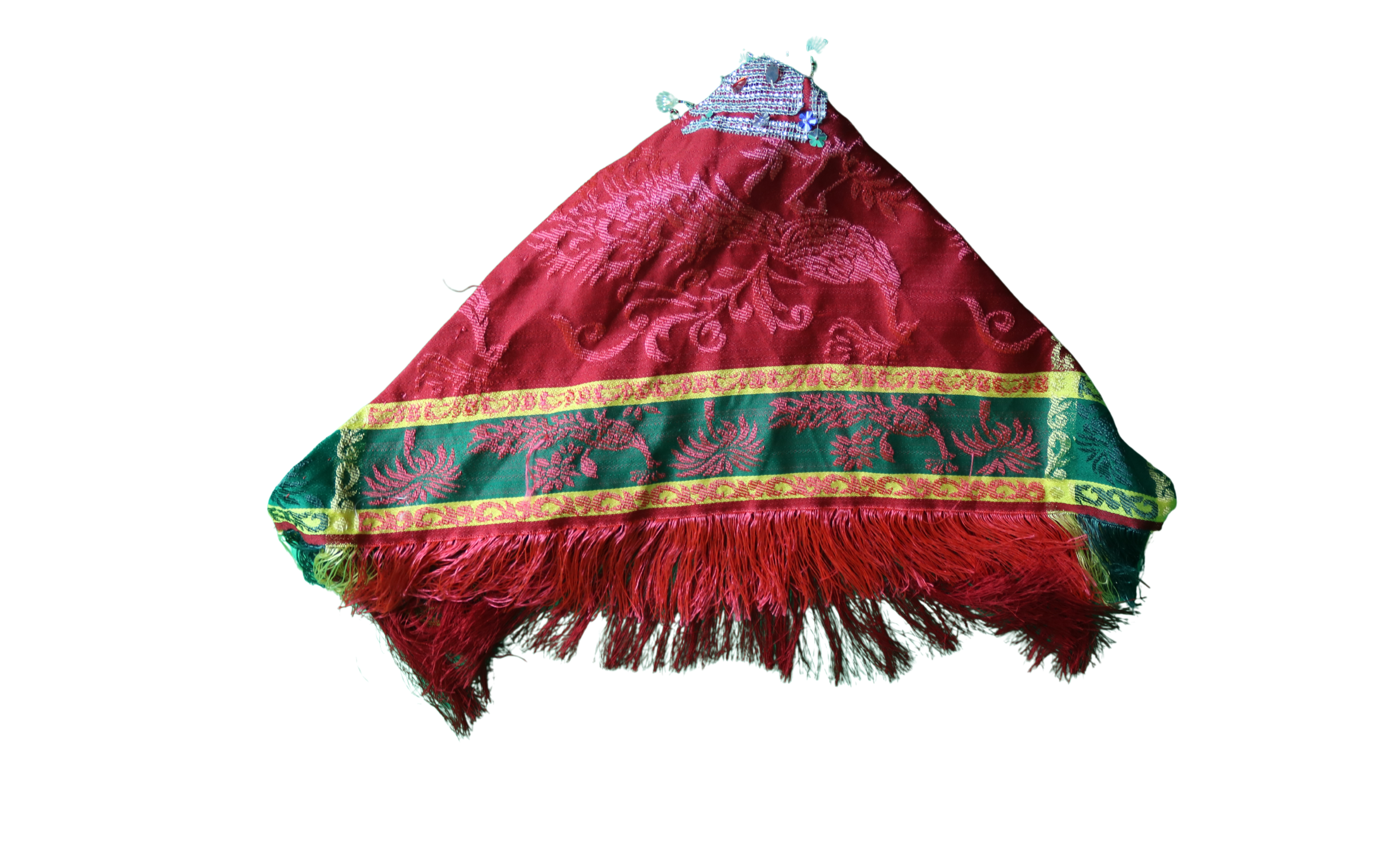 Mendil de Tête Rouge Brodé avec Fils Dorés et Franges