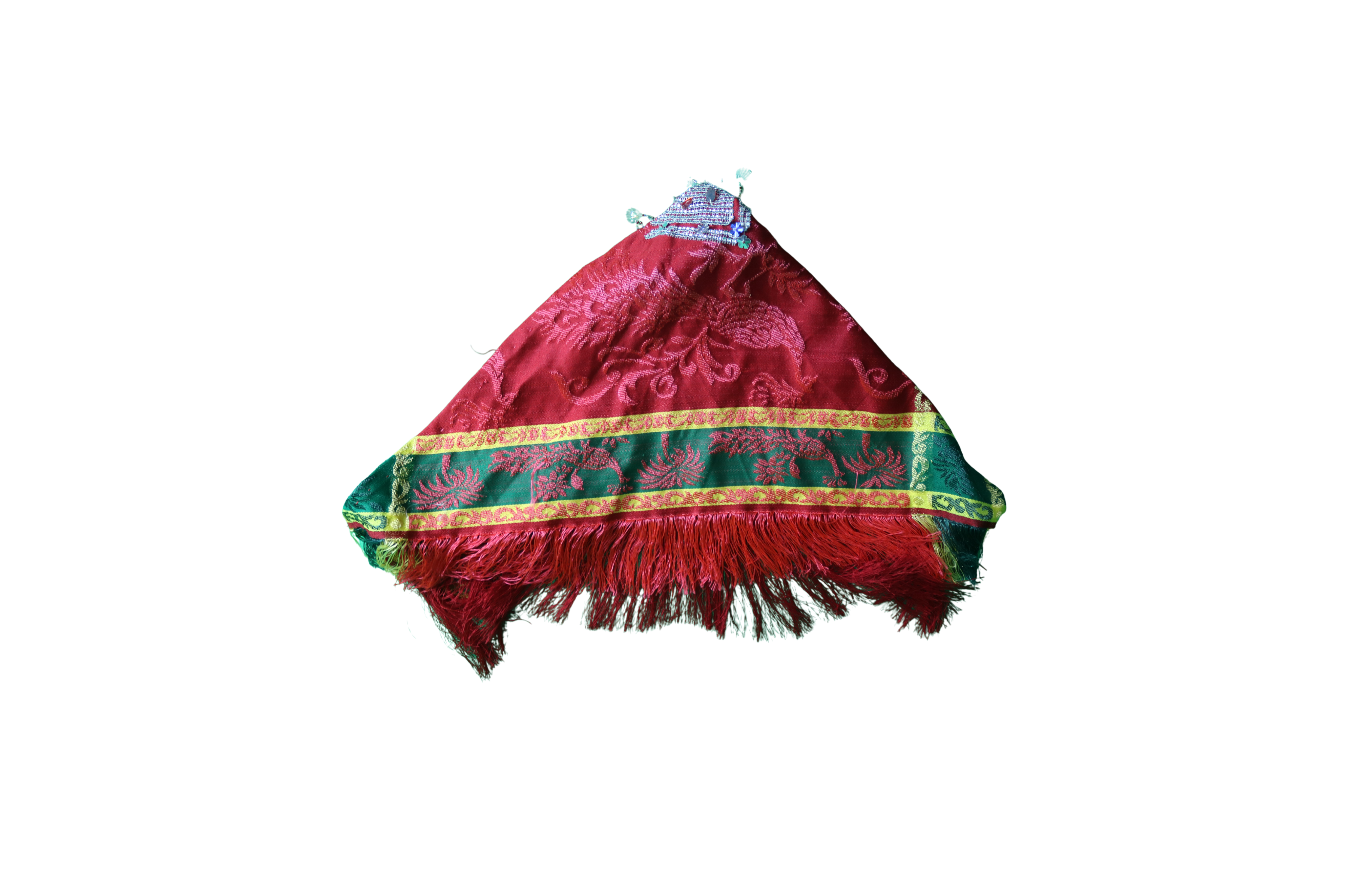 Mendil de Tête Rouge Brodé avec Fils Dorés et Franges