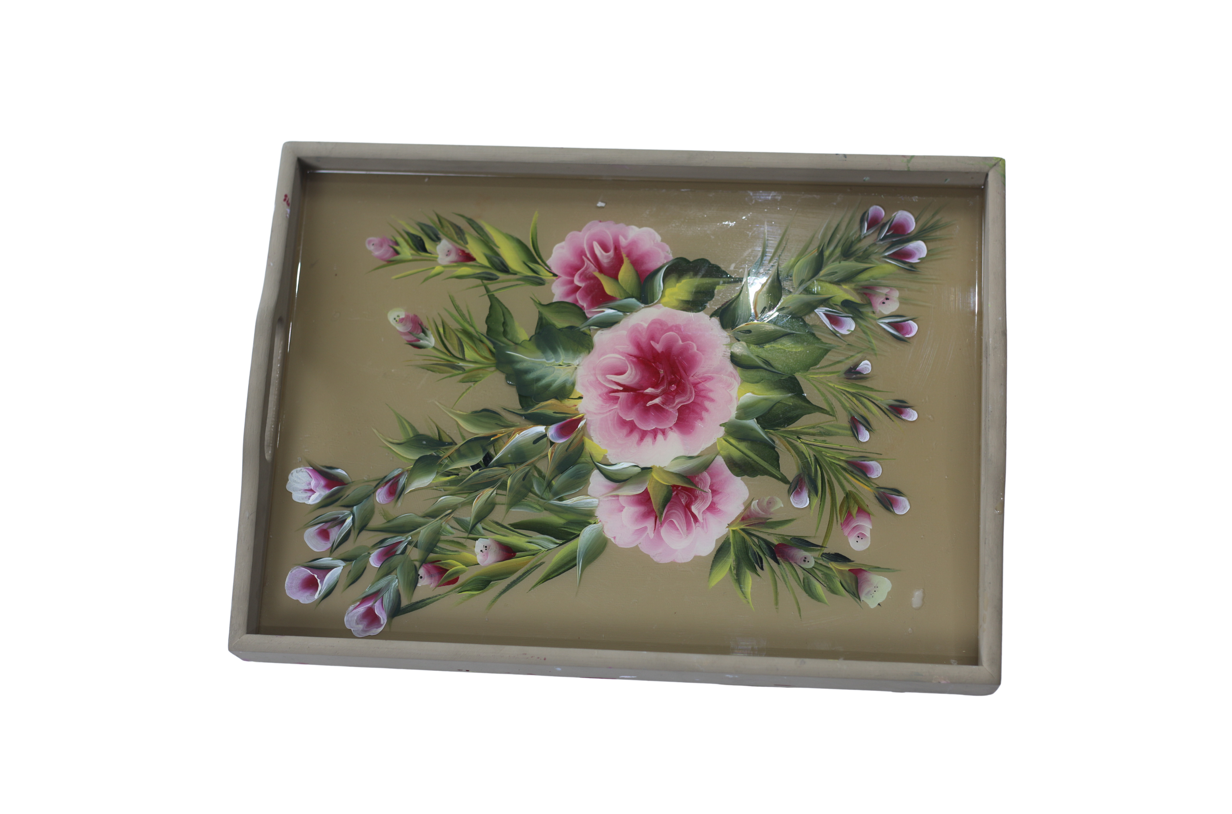 Plateau en bois – Motif floral rose