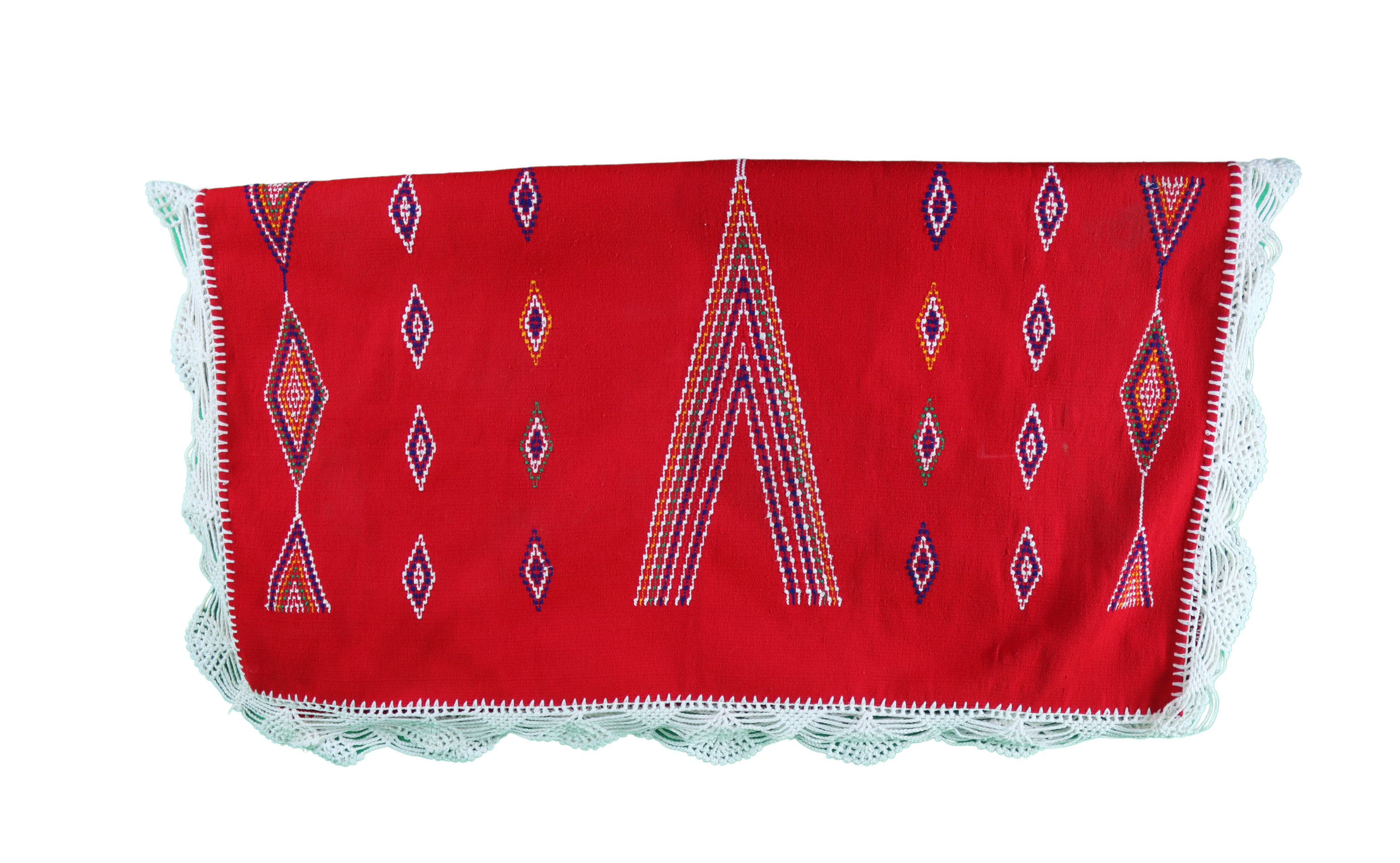 Mendil Rouge Brodé de Motifs Berbères avec Dentelle Blanche