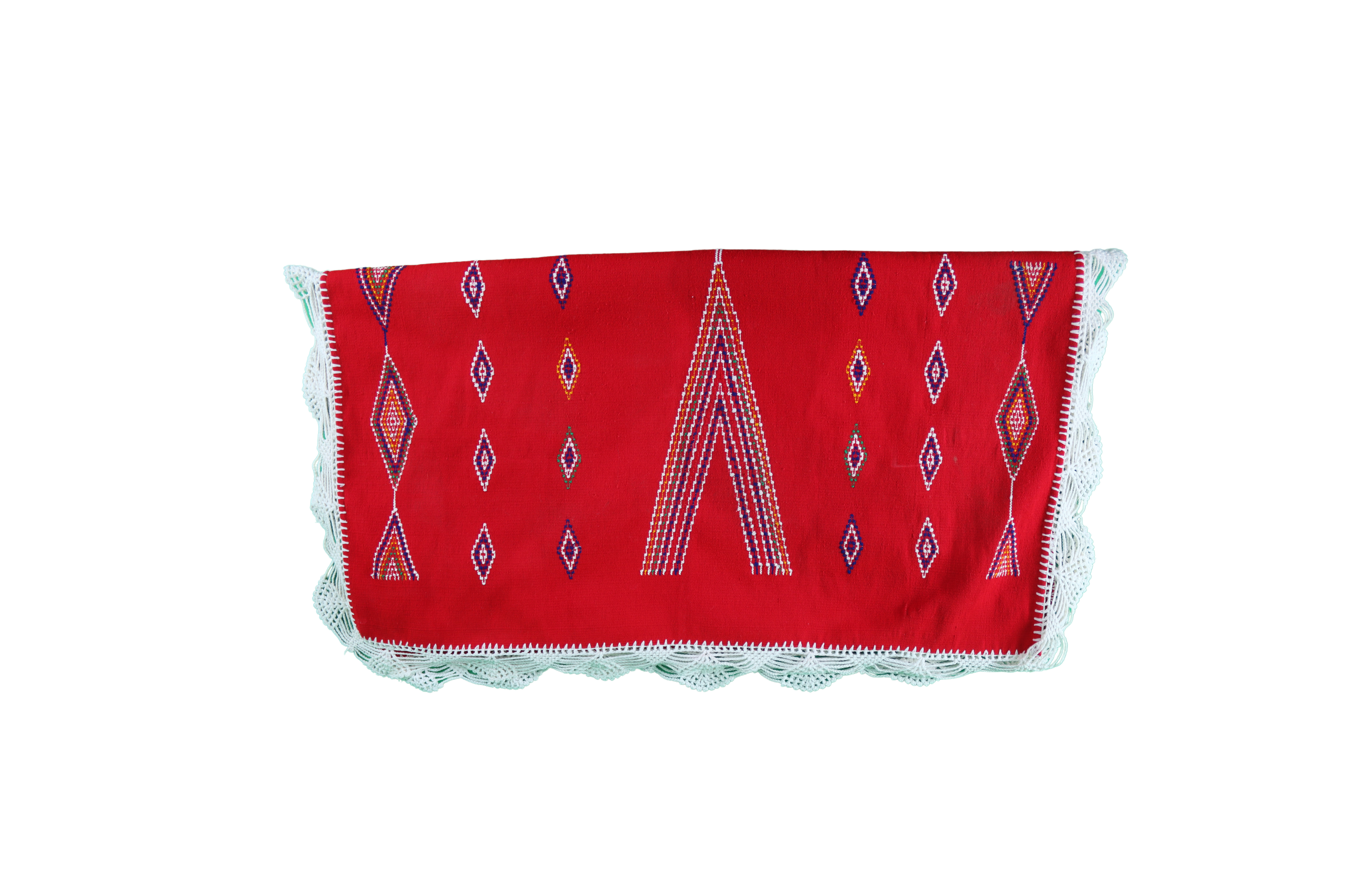 Mendil Rouge Brodé de Motifs Berbères avec Dentelle Blanche